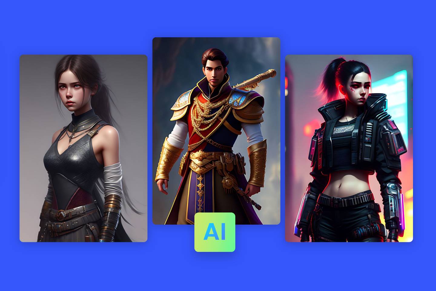 Tres personajes generados por IA en estilo realista, Disney y cyberpunk del generador de personajes de Fotor