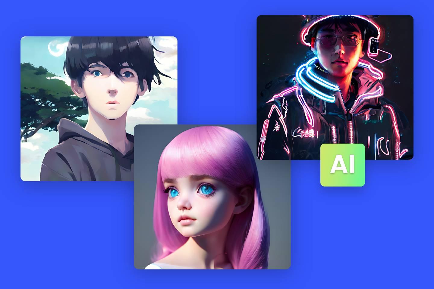 Tres personajes de anime generados por el creador de personajes anime Fotor AI