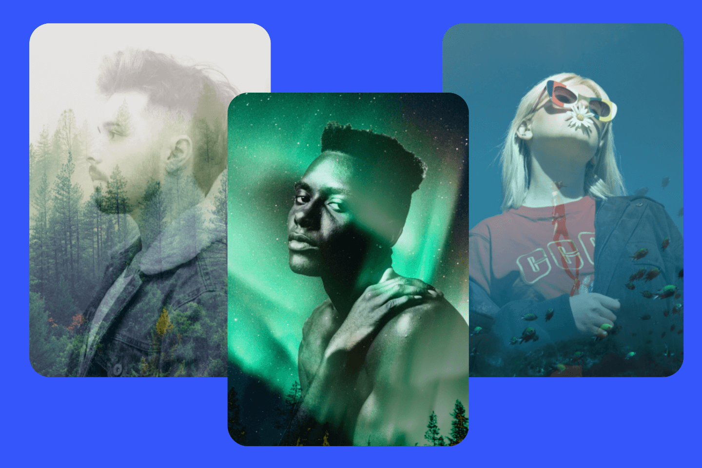 Three portraits with double exposure effect