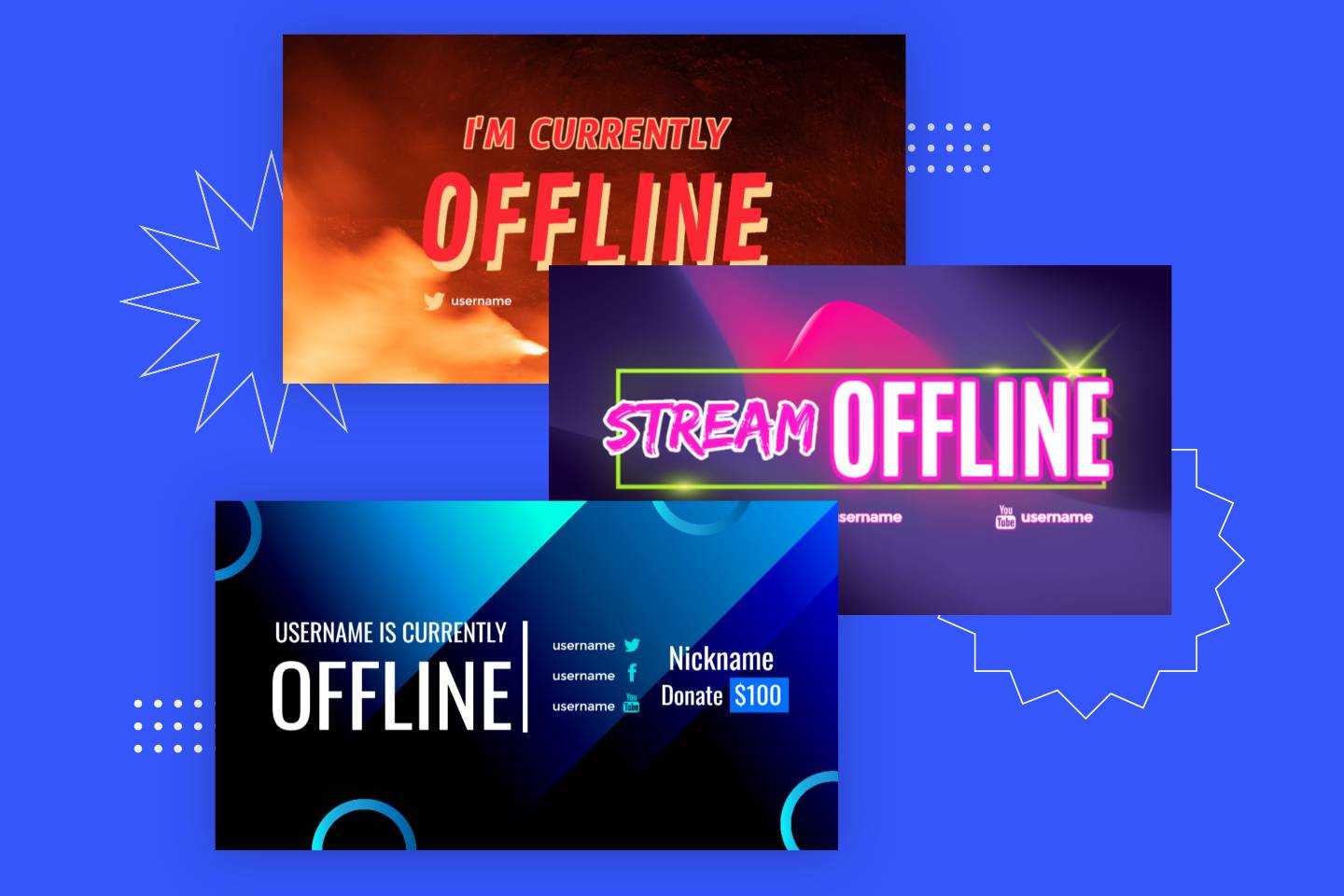 Three twitch offline banner templates from Fotor gaming banner maker