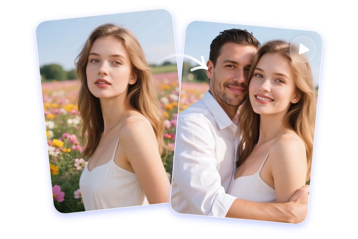 Transformer une photo de fille en robe blanche en une vidéo où son faux petit ami IA la prend dans ses bras