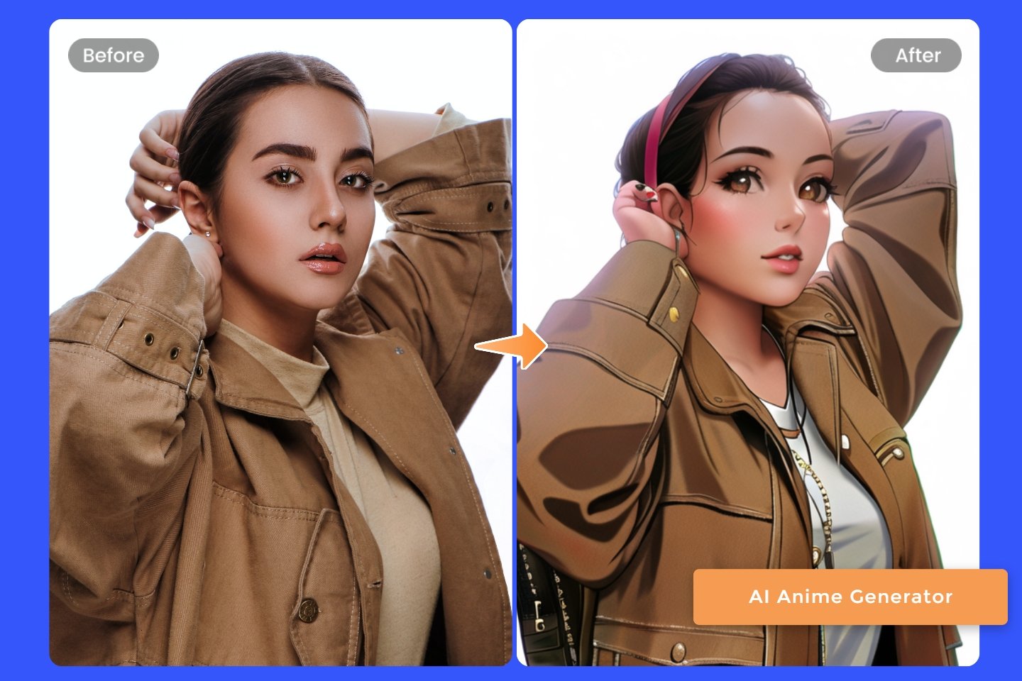Verwandle eine weibliche Person mit dem Fotor AI Anime-Generator in Anime