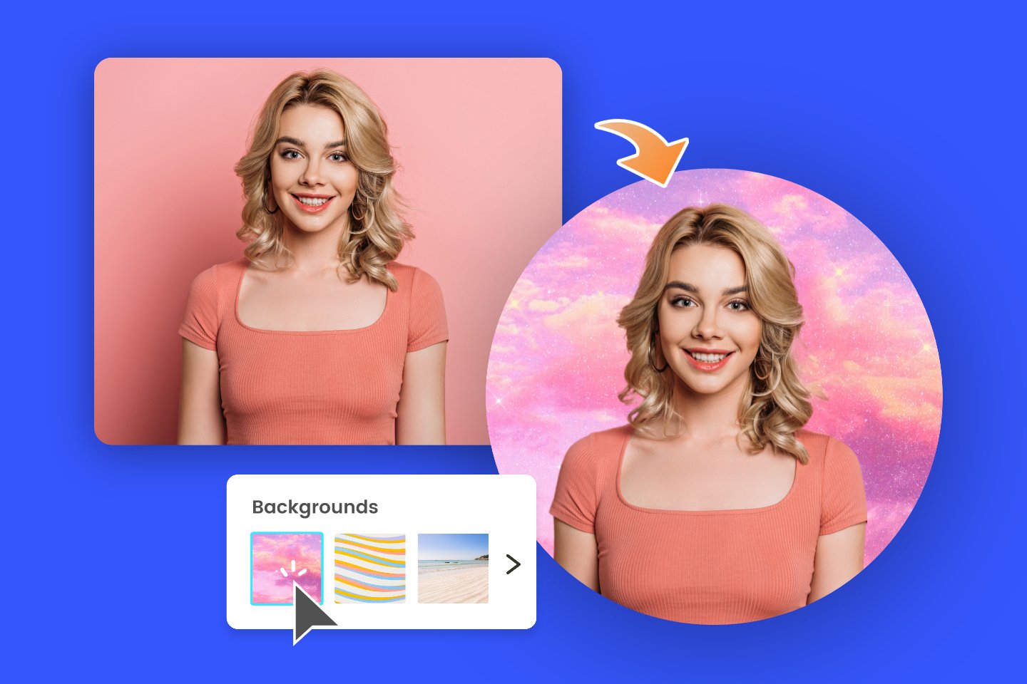 Turn a female selfie into a round profile picture with a colorful background
