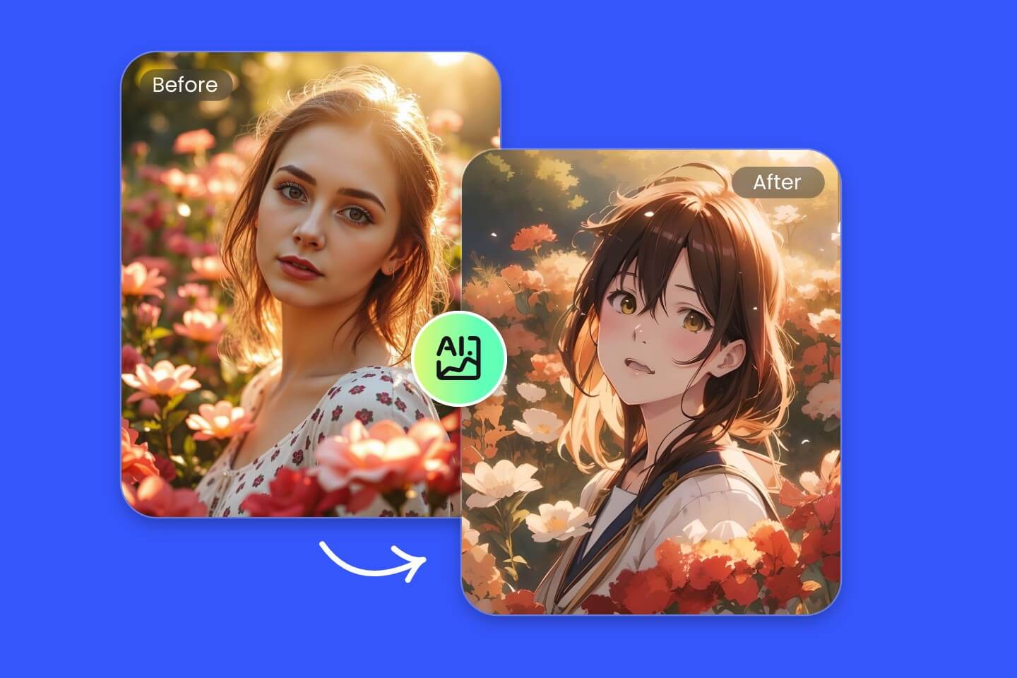 Turn a photo of a beautiful girl in a flower bush into an anime style in fotor