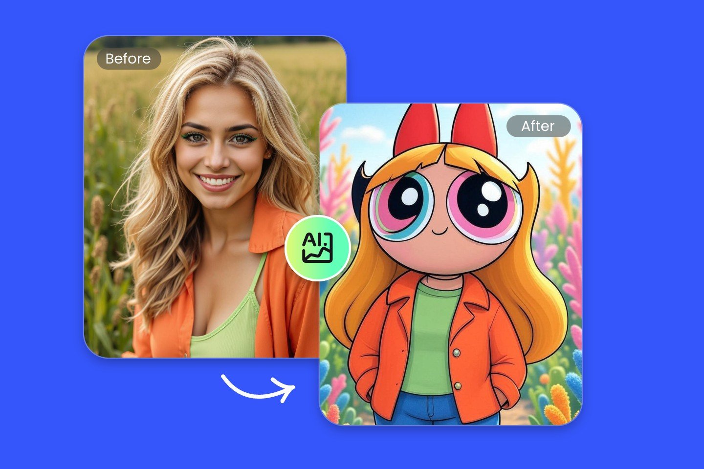 Turn a photo of a blond lady in an orange blouse into a powerpuff girls character