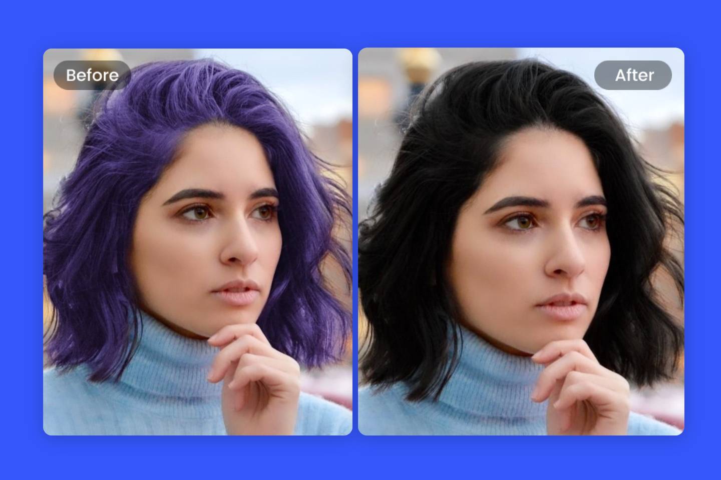 Turn a purple hair woman into black hair with fotor black hair filter