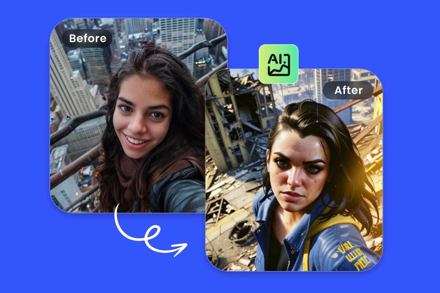 Turn the female selfie into the Fallout post apocalyptic style character with fotors ai fallout filter