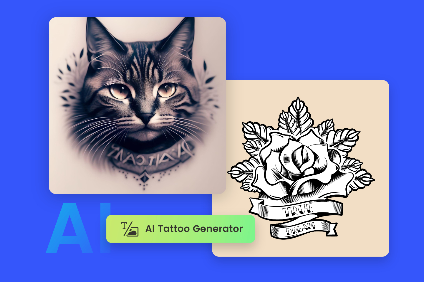 Dois desenhos de tatuagens de gatinhos e flores gerados por IA a partir do gerador de tatuagens IA do Fotor
