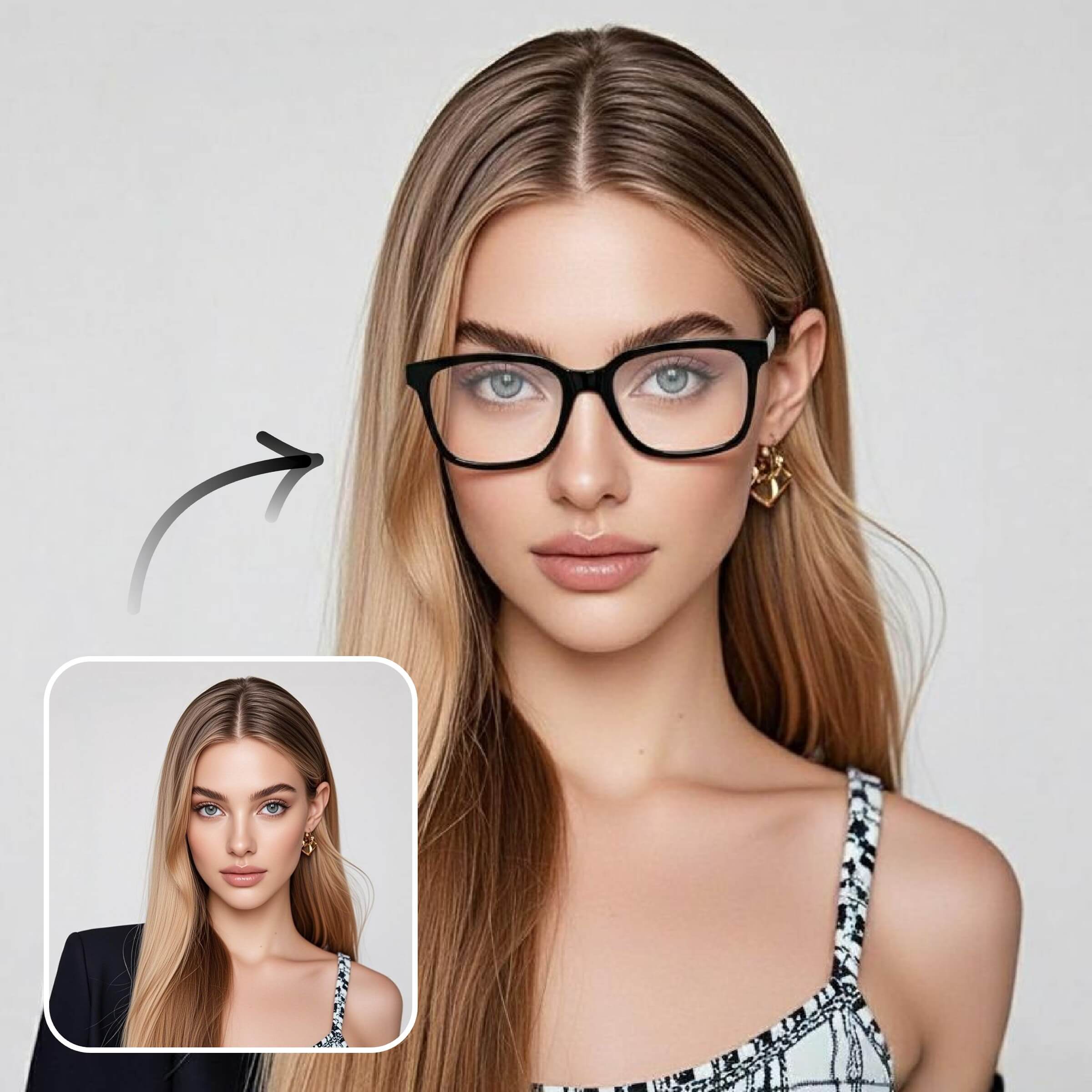 Upload a picture of a woman and use fotor virtual glasses try on to put on a classic black square glasses on her face with ai