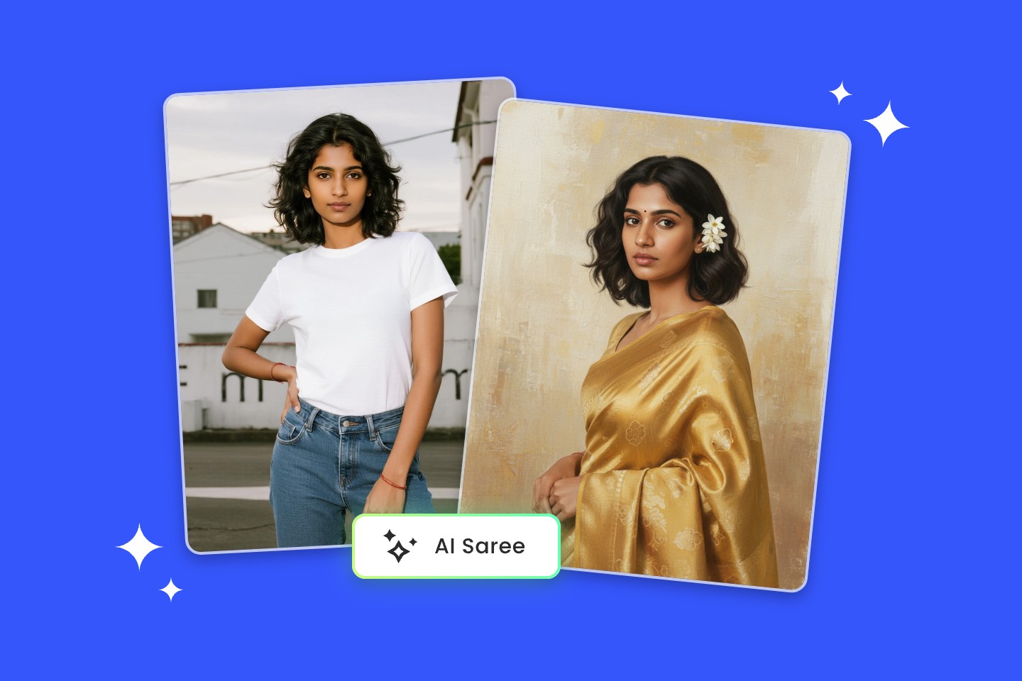 Use fotor ai saree photo generator to turn an indian girl selfie into a photo of her wearing green saree