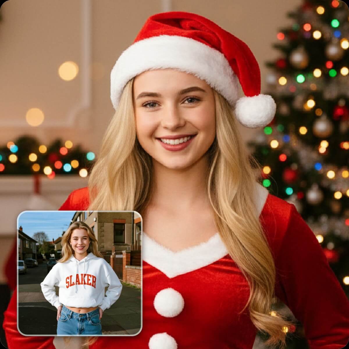 Use fotor christmas profile picture maker to turn a regular photo of a girl into a christmas avatar