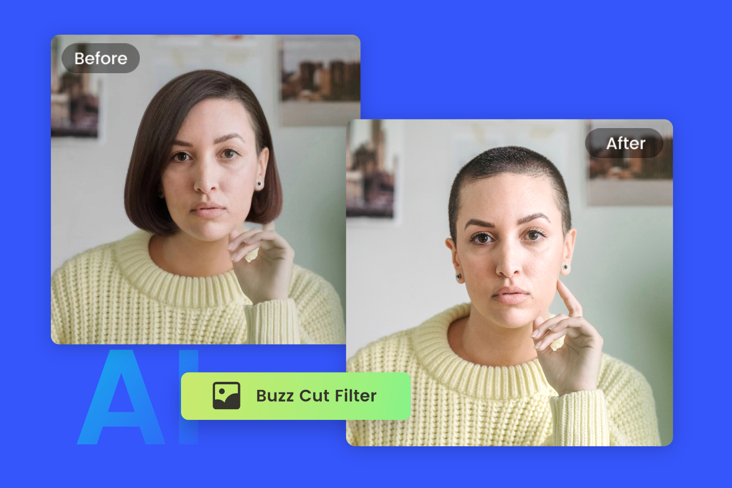 Use fotor online buzz cut filter to transform female bob hairstyle into buzz cut