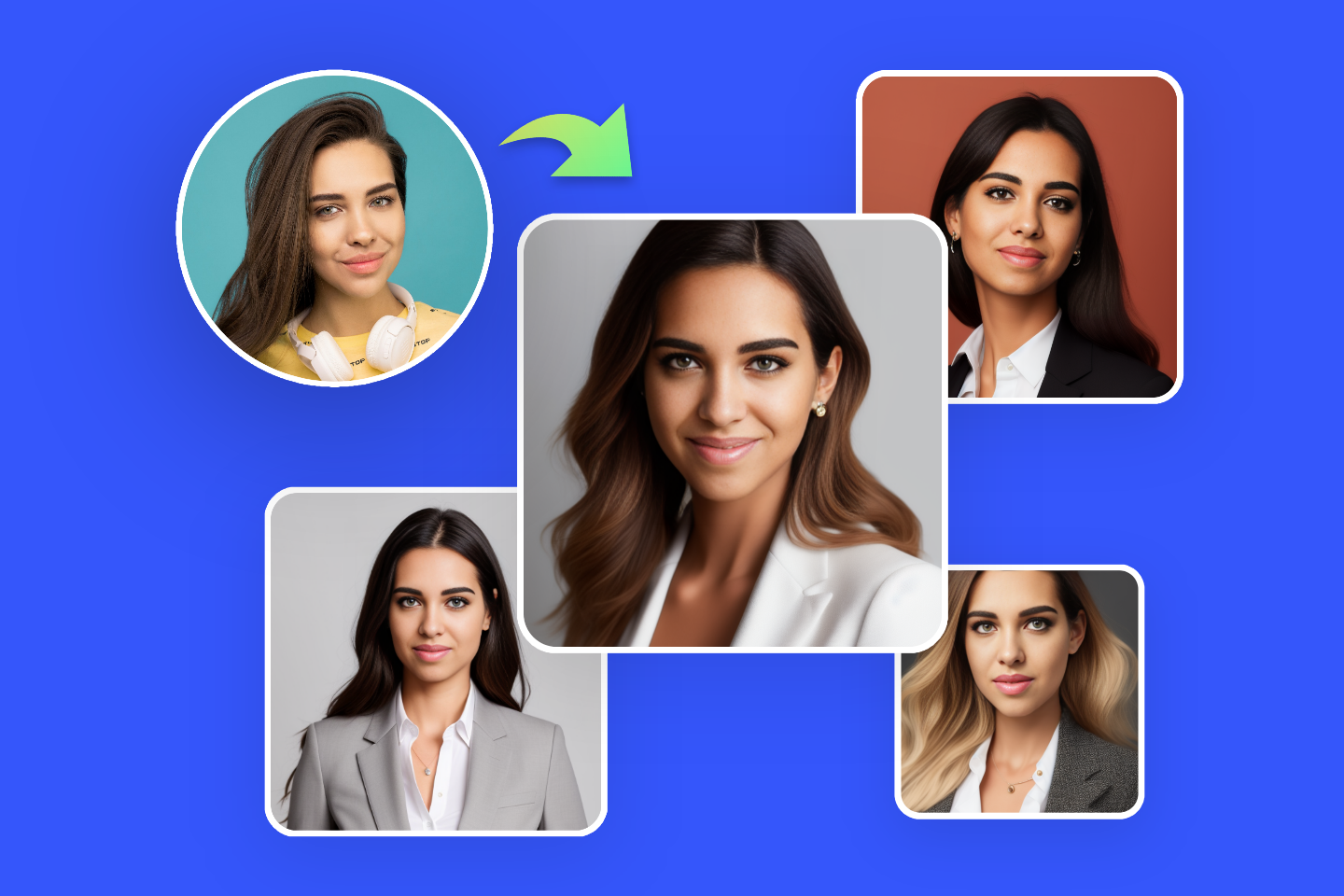 Use fotor online headshot filter to transform female selfie into four professional bussiness headshots
