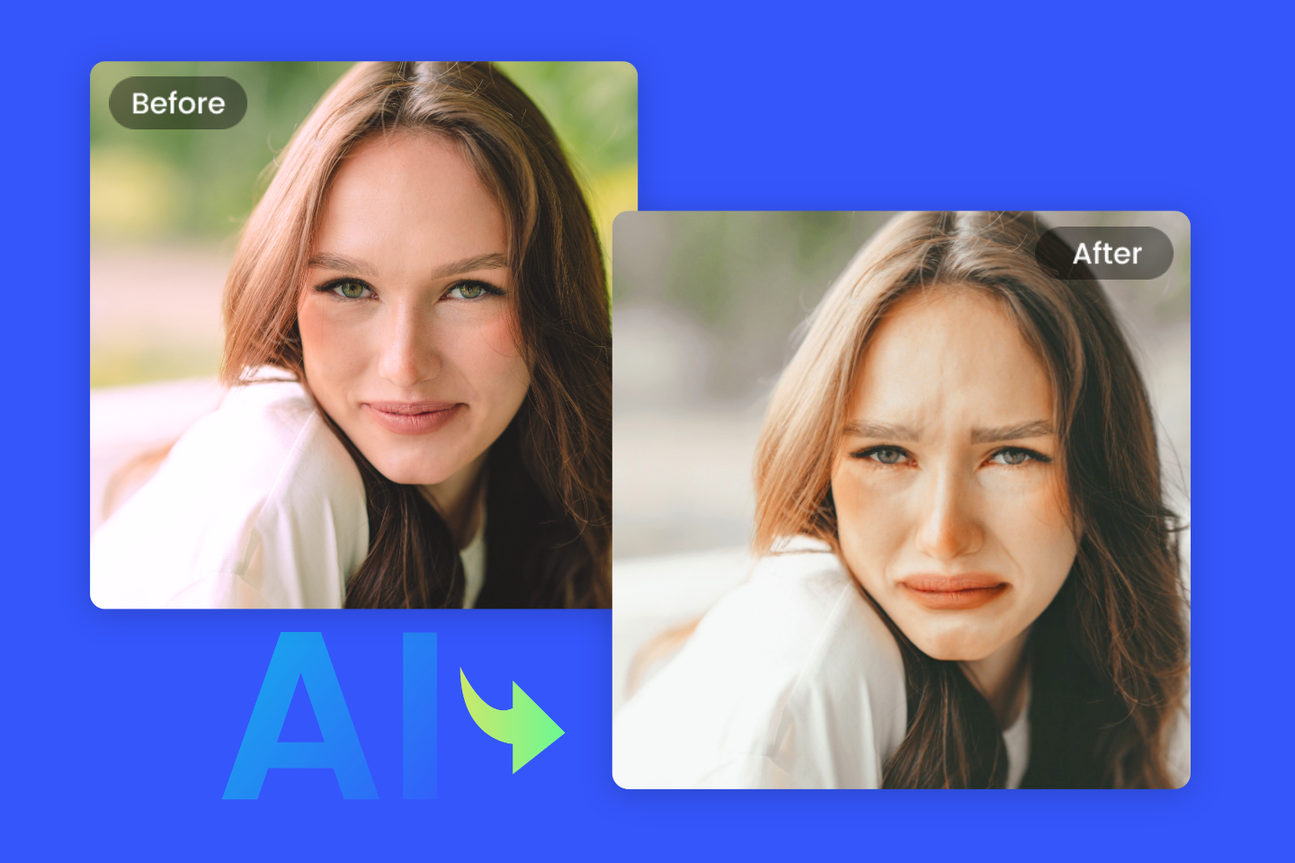 Use fotor online sad face filter to turn female facial exoression into sad face