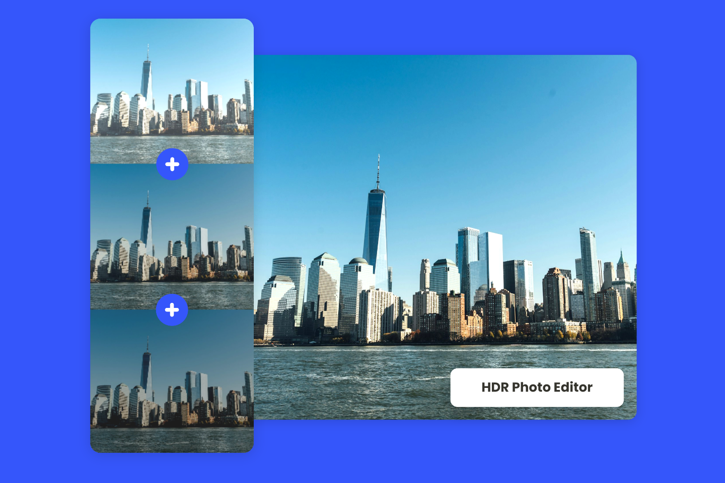 Use fotors hdr photo editor to merge three building photos of different brightness into one with suitable brightness