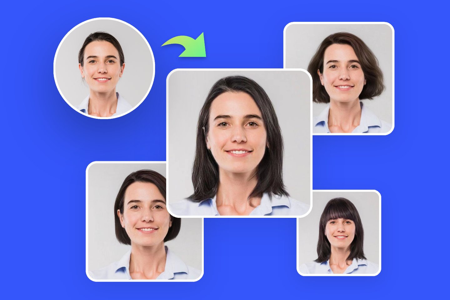 Verwenden Sie Fotors Online -Frisurwechslerin, um weibliche Frisur in vier verschiedene Frisuren zu wechseln