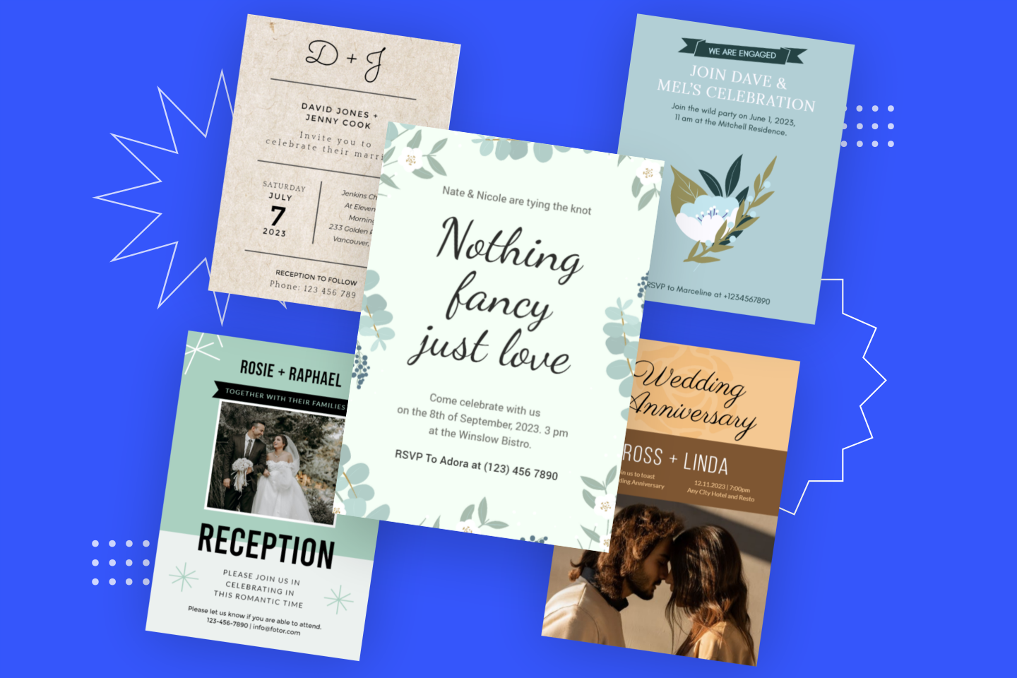Wedding invatations in pink blue white and brown